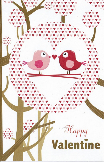 valentijnskaart met roze vogels en tekst
