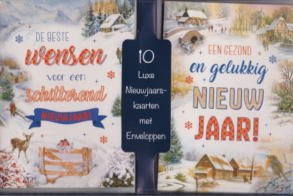 kerstkaart met kerstdorp achtergrond blauw/oranje en tekst