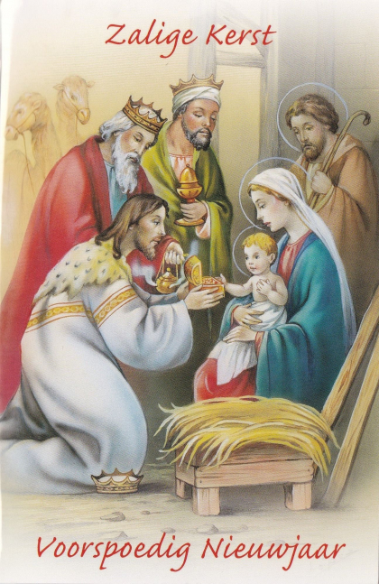 kerstkaartje geboorte Jezus met de drie koningen en kamelen