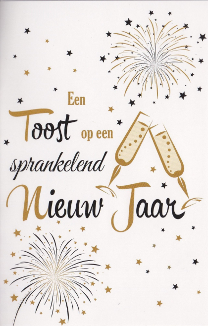 nieuwjaarskaartje toost en vuurwerk sterretjes