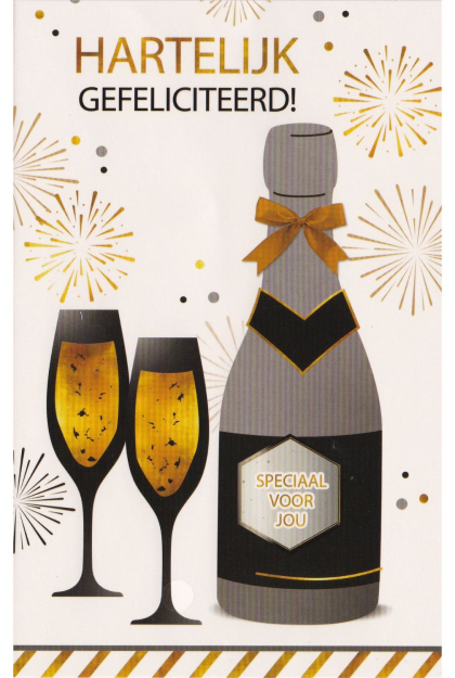Champagnefles met gouden strik en label "Speciaal voor jou", twee glazen champagne en vuurwerk. Tekst: "Hartelijk gefeliciteerd!"