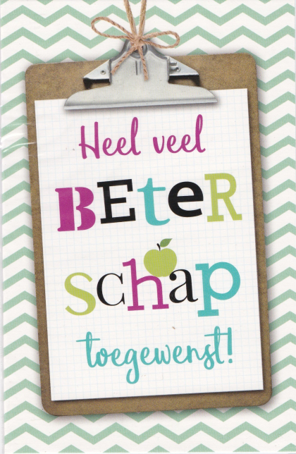 Heel veel beterschap toegewenst! kleurrijke letters op een clipboard met zigzag achtergrond.