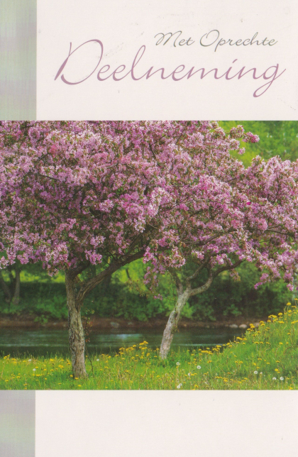 Rouwkaart met een boom met paarse bloempjes
