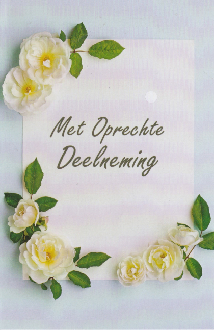 Rouwkaart met een paar witte bloemen rond text "Met Oprechte Deelneming"