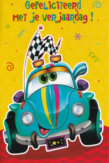 Verjaardagskaart met een lachende blauwe auto