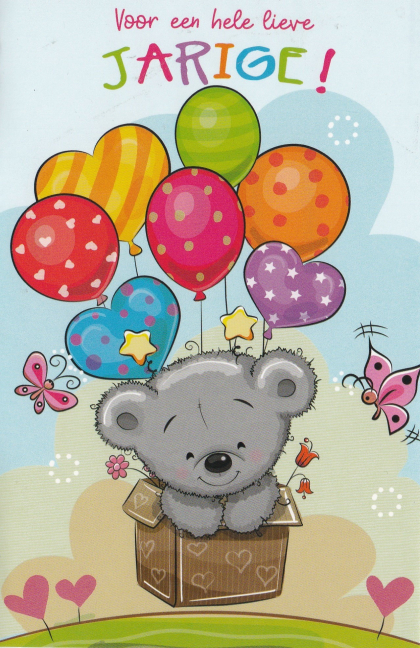Verjaardagskaart met een grijs beertje in een doos met ballonen