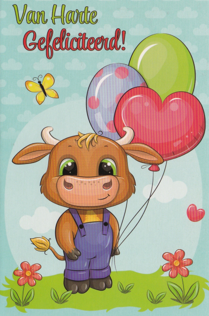 Verjaardagskaart met een koetje die ballonen vast houd