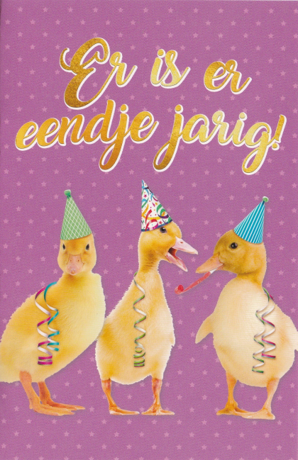 Verjaardagskaart paarse achtergrond met drie feestelijke eendjes