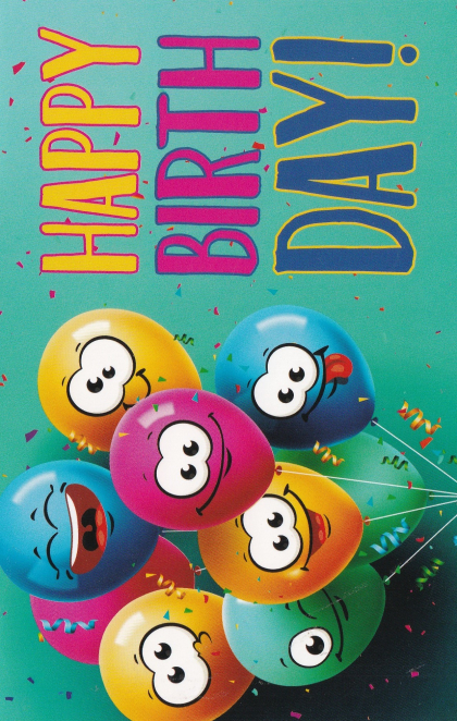 Verjaardagskaart met lachende ballonen en tekst