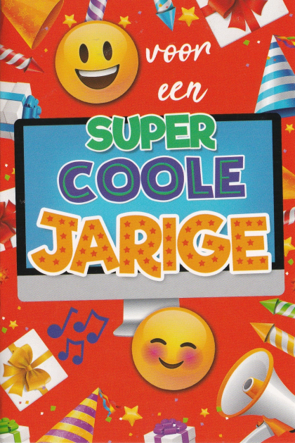 Verjaardagskaart met twee emoji's en tekst "voor een Super Coole Jarige"