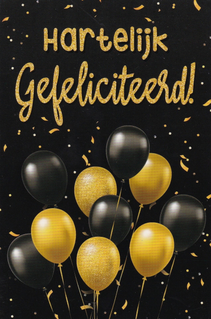 felicitatiekaart met goud en zwarte ballonnen