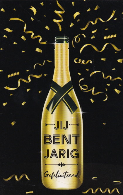 felicitatiekaart met gouden champagne fles