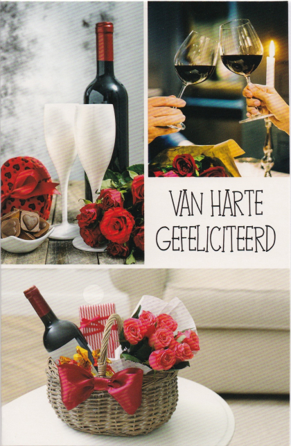 felicitatiekaart met wijn en rozen
