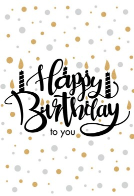 "Happy Birthday to you" in sierlijke tekst met kaarsen, omringd door gouden en grijze stippen.