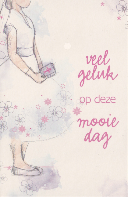 Meisje in wit met bloemenjurk en envelop. Tekst: "veel geluk op deze mooie dag" in roze letters.