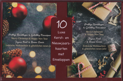10 luxe kerst- en nieuwjaarskaarten met enveloppen. Kaarten met kerstversiering en opschriften in meerdere talen.