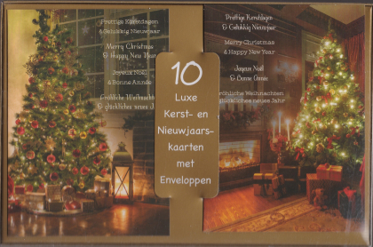 10 luxe kerst- en nieuwjaarskaarten met enveloppen, foto van twee versierde kerstbomen bij een open haard. Groeten in meerdere talen.
