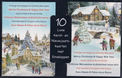 10 luxe Kerst- en Nieuwjaarskaarten met enveloppen. Twee schilderijen van besneeuwde dorpsscènes met kerstvieringen, kinderen en kerstbomen. Teksten in meerdere talen.