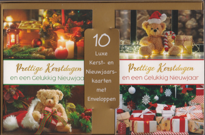 10 luxe kerst- en nieuwjaarskaarten met enveloppen, afbeeldingen van knuffelberen met kerstdecoraties. Tekst: "Prettige Kerstdagen en een Gelukkig Nieuwjaar".