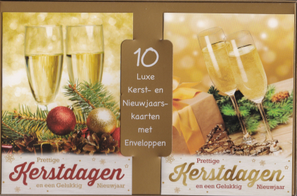 10 luxe kerst- en nieuwjaarskaarten met enveloppen, versierd met champagneglazen, kerstballen en dennentakken. Text: Prettige Kerstdagen en een Gelukkig Nieuwjaar.