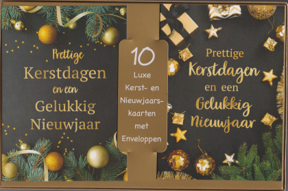 10 luxe kerst- en nieuwjaarskaarten met enveloppen. Tekst: "Prettige Kerstdagen en een Gelukkig Nieuwjaar" op zwarte achtergrond met decoraties.