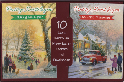 10 luxe kerst- en nieuwjaarskaarten met enveloppen, wintertafereel met verlichte kerstboom, sneeuw, mensen en rode vrachtwagen, Prettige Kerstdagen.