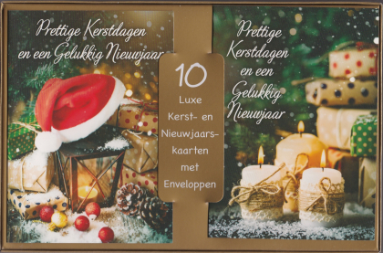 10 luxe kerst- en nieuwjaarskaarten met enveloppen. Scènes met kerstmisdecoraties, kaarsen en tekst: "Prettige Kerstdagen en een Gelukkig Nieuwjaar".