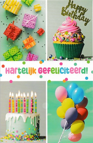 verjaardagskaart met ballonnen, taarten en cadeaus