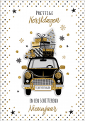 Zwarte auto met cadeau's op dak, tekst: "Prettige Kerstdagen en een schitterend Nieuwjaar", gouden accenten, stippen en sterren.