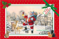 Kerstman met lantaarn en cadeaus, rendieren in besneeuwd dorp. Tekst: "Prettige Kerstdagen, Gelukkig Nieuwjaar". Rood en groen kader.