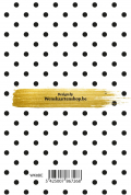 Witte achtergrond met zwarte stippen. Gouden penseelstreek met tekst "Design by Wenskaartenshop.be". Streepjescode onderaan.