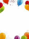 Kleurrijke ballonnen en confetti langs de randen van een wit kader, klaar voor feestelijke tekst.