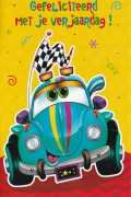 Verjaardagskaart met een lachende auto