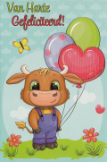 Verjaardagskaart met een koetje die ballonen vast heeft