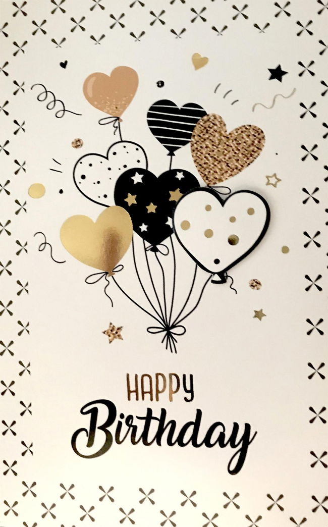 Het begin Laptop tetraëder Happy Birthday kaart met harten ballonnen in wit-zwart en gold details.
