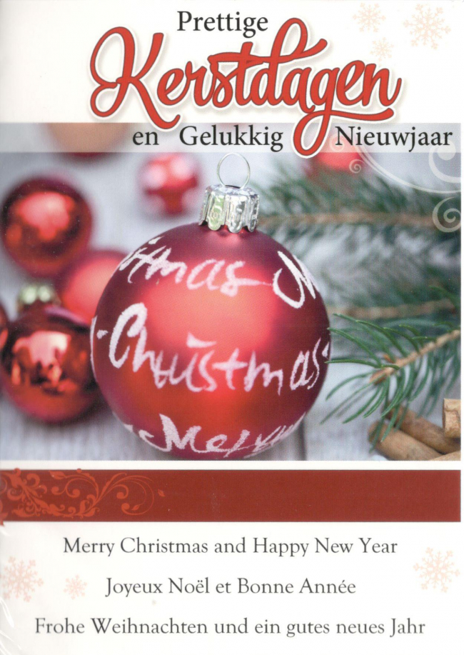 Internationale kerstkaarten met rode kerstballen